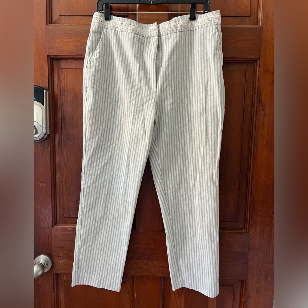 Nanette Lepore Blue White Striped Cropped Ankle Pants Linen Blend L